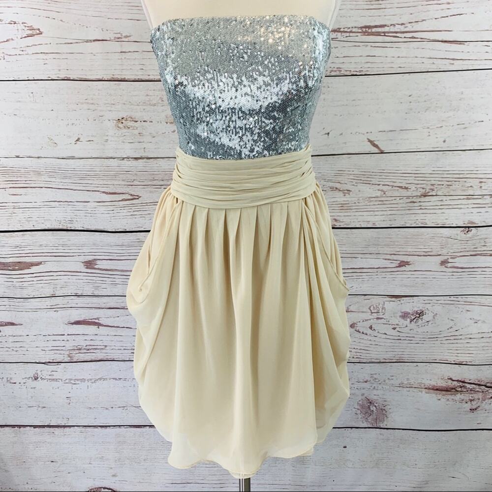 Bill Levkoff silver sequin drape beige strapless